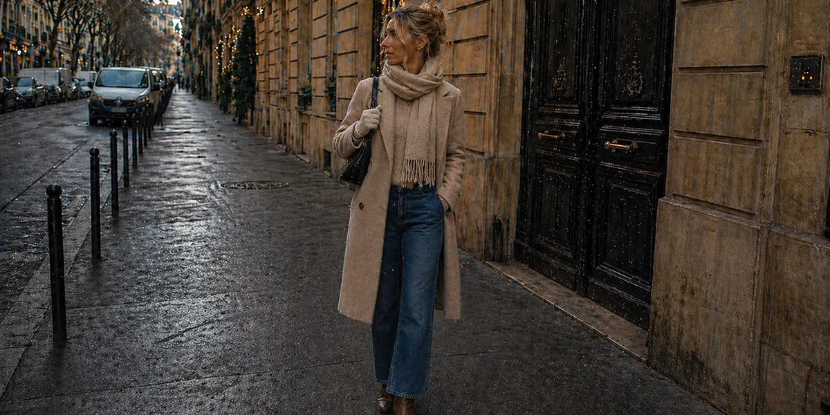 Woman in camel coat with beige scarf and jeans on Paris street - before styling